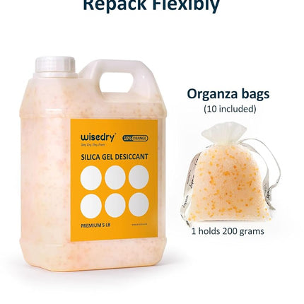 wisedry [ 5 LBS ] Silica Gel Beads Reusable Color Indicating Rechargeable Desiccant Bulk with 10 Pcs Organza Drawstring Bags