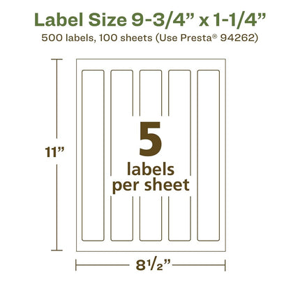 Étiquettes rectangulaires recyclées Avery EcoFriendly blanc mat, 24,76 cm x 3,17 cm, impression bord à bord, étiquettes blanc mat, adhésif permanent, imprimables laser/jet d'encre, 500 au total