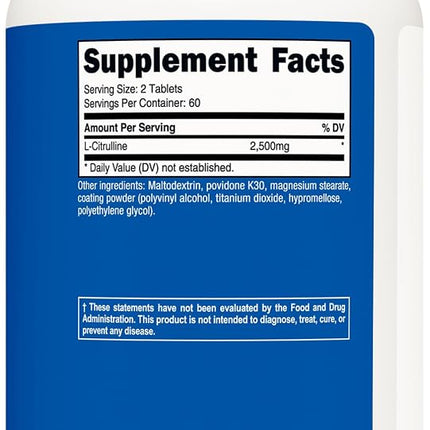 Nutricost L-Citrulline 2500mg Per Serving, 60 Servings, 1250mg Per Tablet, 120 Tabs - Non-GMO and Gluten Free Supplement