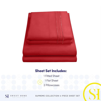 Juego de sábanas California King - Sábanas de lujo transpirables con elástico completo y correas seguras para las esquinas integradas - Colección Supreme 1800, juego de cama de bolsillo profundo para cama Cal King, juego de sábanas, California King, Rojo
