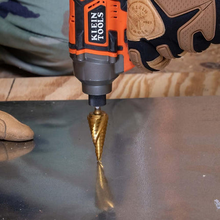 Klein Tools 25963 Step Drill Bit, 1/4 to 3/4-Inch, Spiral Double-Fluted, Cuts Thin Metal, Plastic, Aluminum, Wood, 1/4-Inch Hex Shank, VACO