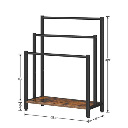 HOOBRO Free Standing Towel Rack, 3 Tier Blanket Rack, Blanket Holder for Bathroom, 23.6" L x 11" W x 31.9" H, Industrial Metal Drying and Display Rack with Shelf, Rustic Brown and Black BF06LB01