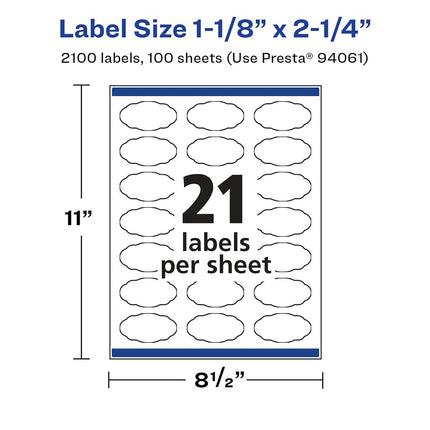 Avery Glossy White Oval Scalloped Labels with Sure Feed, 1-1/8" x 2-1/4", 2,100 Glossy White Labels, Print-to-The-Edge, Permanent Label Adhesive, Laser/Inkjet Printable Labels