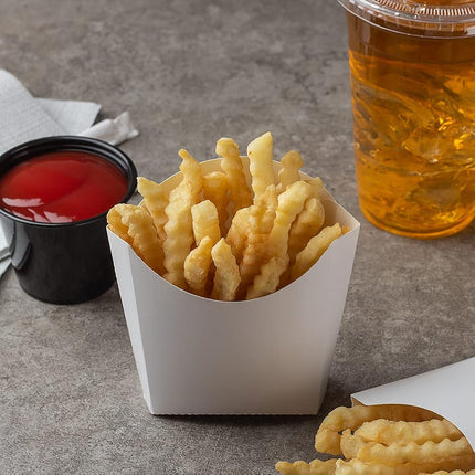 Vaso para papas fritas Bio Tek de 4.5 x 3.2 x 3.9 pulgadas, 100 vasos desechables para refrigerios - Apilables, sostenibles, papel blanco, soporte de 3 onzas para papas fritas, aros de cebolla, palomitas de maíz o galletas - Restaurantware