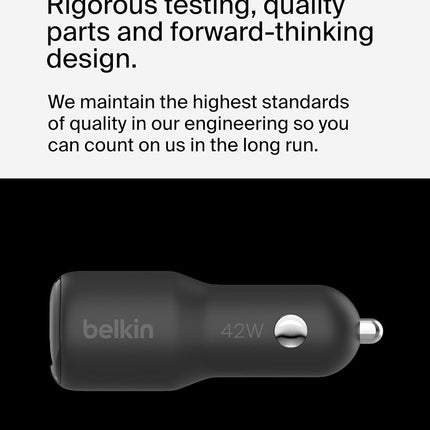 Belkin BoostCharge Dual Car Charger 42W w/Fast Charge USB-C 30W PPS & 12W USB-A Ports for Apple iPhone 16/16 Pro/16 Plus/16 Pro Max, iPhone 15, 14, 13, 12 Series, Samsung Galaxy S24, & More - Black