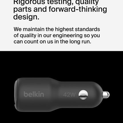Cargador doble para automóvil Belkin BoostCharge de 42W con puertos USB-C de carga rápida de 30W PPS y USB-A de 12W + cable USB-C a Lightning para Apple iPhone 16, Plus, Pro, Pro Max, iPhone 15, Samsung Galaxy S24 y más - Negro