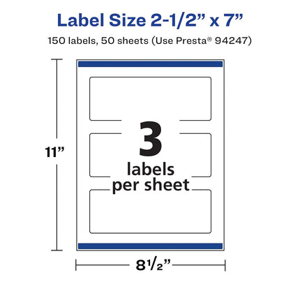 Avery Matte White Rectangle Labels with Sure Feed, 2.5" x 7", 150 Matte White Printable Labels