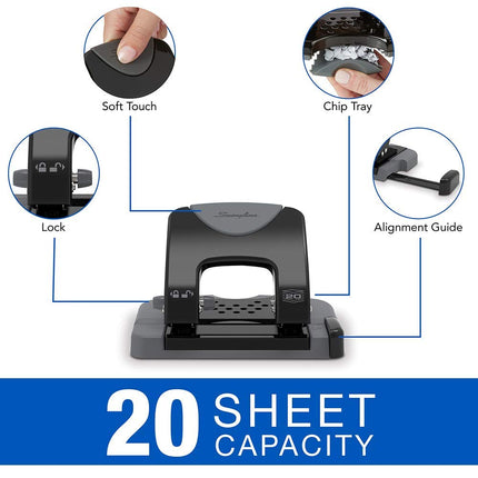 Swingline 2 Hole Punch, Hole Puncher, SmartTouch with Edge Guide, 20 Sheet Punch Capacity, Low Force Required, Black/Gray, 6 Pack (74135CS)