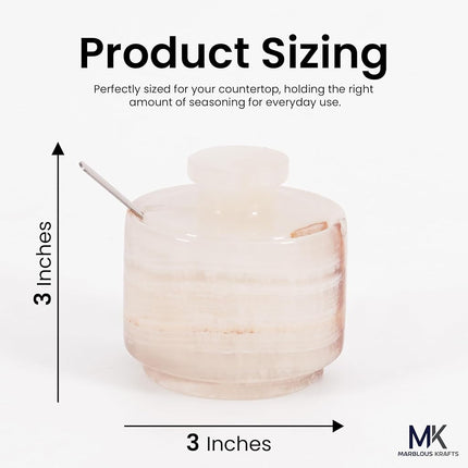 White Onyx Marble Salt Cellar Set of 2 with Lid & Spoon, 3 Inch Handmade Natural Stone Spice & Sugar Containers for Kitchen Countertop Storage, Elegant Seasoning Jars, Luxury Kitchen Accessory