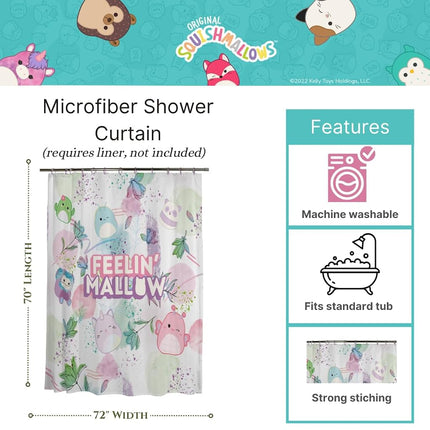 Franco Squishmallows Kids Bath Microfiber Shower Curtain, 72x72, (Officially Licensed Product)