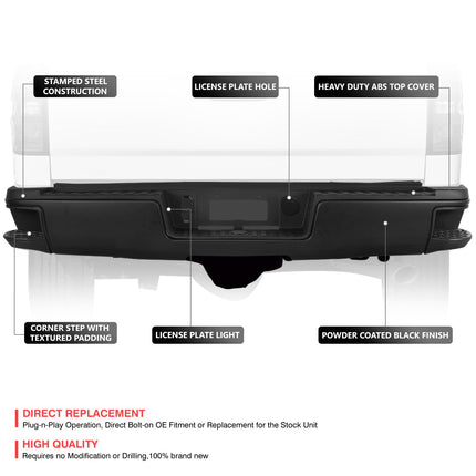 DNA MOTORING Rear Bumper Compatible with 15-19 Silverado/Sierra 2500HD 3500HD, With Single Rear Wheels, Black, STEPBUM-10053