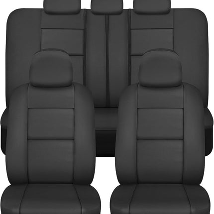 PU Leather Car Seat Covers w/Two-Tone Carpet/Vinyl Trim Car Floor Mats – Front and Back Split Bench Seat Covers, Steering Wheel Cover, Floor Mats for Cars Trucks Vans and SUVs (Black)