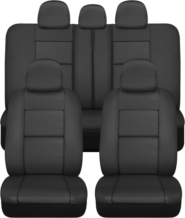 PU Leather Car Seat Covers w/Two-Tone Carpet/Vinyl Trim Car Floor Mats – Front and Back Split Bench Seat Covers, Steering Wheel Cover, Floor Mats for Cars Trucks Vans and SUVs (Black)