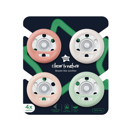 Tommee Tippee Breast-Like Soothers, 0-6m, 4 Pack, Skin-Like Feel, Silicone Breast-Shaped Teat, Air Holes for Ventilation, Orthodontic Design, BPA-Free Dummy