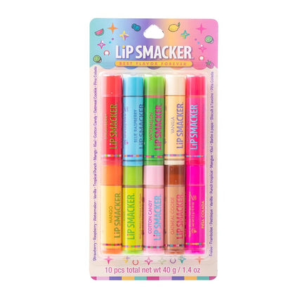 Lip Smacker Original & Best – Pack de 10 baumes à lèvres saveurs Biscuit Avoine, Vanille, Mangue, Pastèque, Punch Tropical, Barbe à Papa, Kiwi, Fraise, Framboise Bleue, Piña Colada