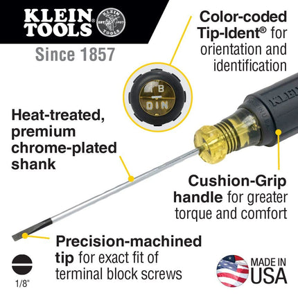 Klein Tools 612-4 Screwdriver, Flat Head Terminal Block Screwdriver, 1/8-Inch Cabinet Tip, 4-Inch Round Shank