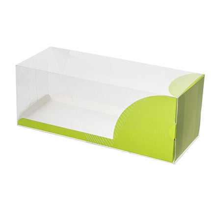 Restaurantware-7 Inch x 2.5 Inch Clear Dessert Boxes, 100 Green Paper Sleeve Transparent Candy Boxes - Geometric Line Accent, No Grease Lining, Clear Plastic Favor Box, Crack Resistant
