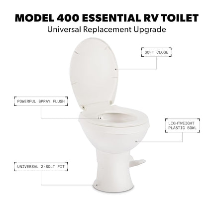 Dometic Model 400 Essential RV Toilet – Round Lightweight Plastic Bowl, Universal Fit & 2-Bolt Mount, 18" Chair Height Residential Style, Gravity Flush Toilet with Soft-Close Seat, White (9610008275)