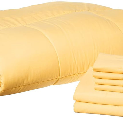 Sweet Home Collection 7 Piece Comforter Set Bag Solid Color All Season Soft Down Alternative Blanket & Luxurious Microfiber Bed Sheets, Yellow, Full