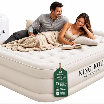 King Koil Luxury Built-in Pillow Top Queen Air Mattress with Built-in High-Speed Pump Best for Home, Camping, Guests, 20" Queen Size Double High Airbed, Blow Up Mattress, Waterproof, 1-Year Warranty