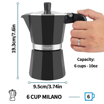 Mongdio Stovetop Espresso Maker Moka Pot, Stove Top Cuban Coffee Maker, Italian Greca Mocha Pot, 6 Espresso Cups, 10 oz - Black
