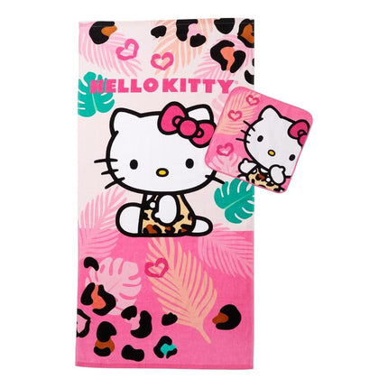 Franco Hello Kitty Ensemble de 2 pièces Serviette en coton doux et absorbant pour bain/piscine/plage avec gant de toilette, 127 cm x 63,5 cm, (produit sous licence officielle)