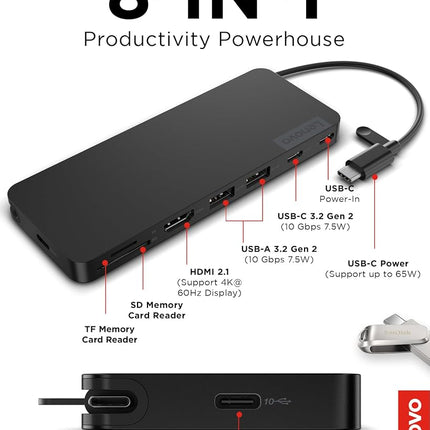 Lenovo USB-C Slim Travel Dock, 8 Ports, Up to 65W PD Pass Through, Integrated USB-C Cable, 4K Display Support, Black