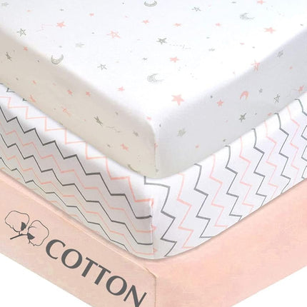 American Baby 3 Piece 100% Cotton Jersey Knit Fitted Crib Sheet for Standard Crib and Toddler Mattresses, Blush Pink Star/Zigzag, for Girls (33550PK/ST/ZZ)