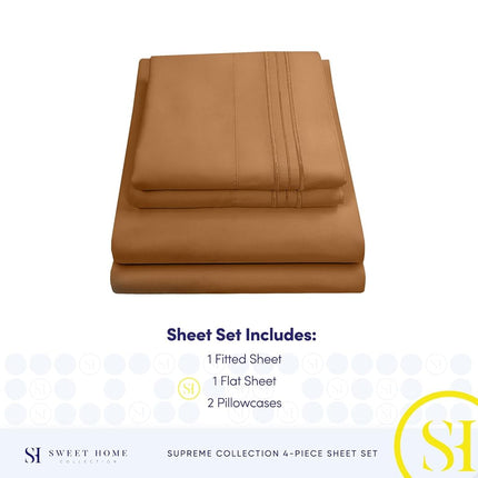 Sweet Home Collection Luxury Bedding Set with Flat, Fitted Sheet, 2 Pillow Cases, Find Double Brushed Microfiber, Mocha, Full