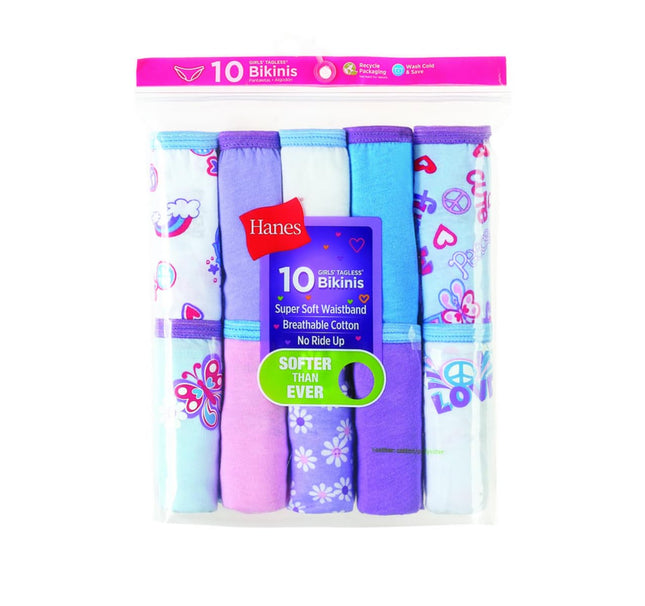 Hanes Girls and Toddler Underwear, Cotton Knit Tagless Brief, Hipster, and Bikini Panties, Multipack (Colors May Vary), Bikini - Assorted - 10 Pack, 14