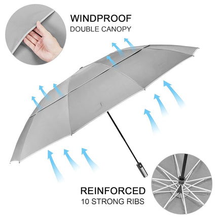 G4Free 62 Inch Windproof Inverted Umbrella with Reflective Stripe Large Compact Reverse Golf Umbrella for Rain 10 Ribs Double Canopy Travel Umbrella Automatic Open Close