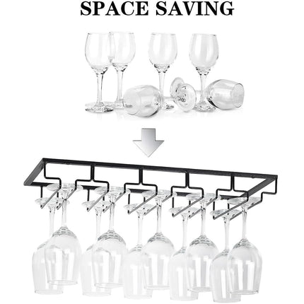 FOMANSH Wine Glass Rack - Under Cabinet Stemware Wine Glass Holder Glasses Storage Hanger 2 Pack Metal Organizer for Bar Kitchen 5 Rows Black