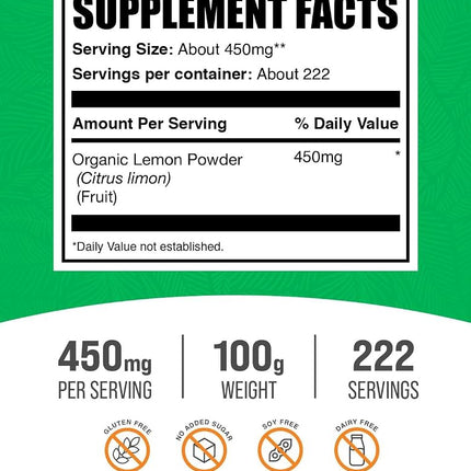 BulkSupplements.com Organic Lemon Powder - Natural Vitamin C Source, Fruit Powder, Lemon Flavoring - for Immune Support, Gluten Free, 450mg per Serving, 100g (3.5 oz) (Pack of 1)