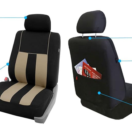 FH Group Three Row Striking Striped Full Set Car Seat Covers, Airbag Compatible & Split Ready – Universal Fit for Cars Trucks & SUVs (Beige) FB036217