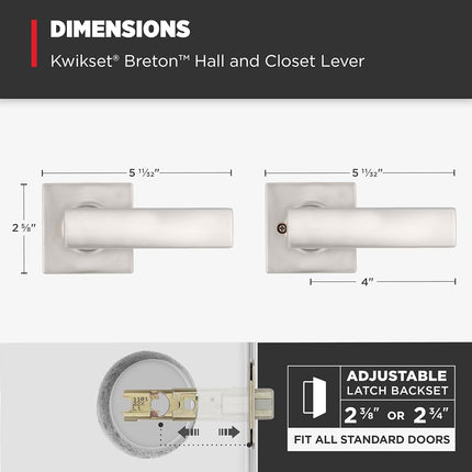 Kwikset Breton Interior Passage Door Handle, Lever for Closet and Hallway Doors, Reversible Non-Locking Handle Lever, Satin Nickel, with Microban Protection