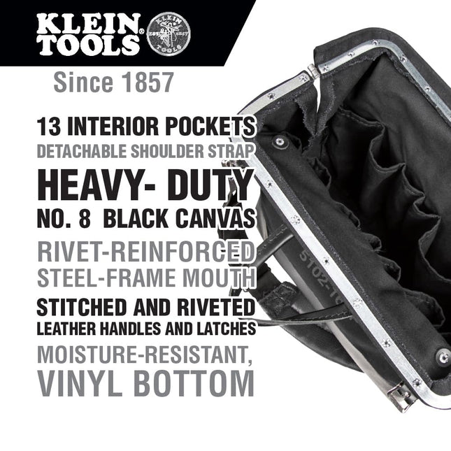 Tool Bag, Large 40.6 cm Deluxe Canvas Tool Bag and Organizer with 13 Pockets and Shoulder Strap, Black Klein Tools 510216SPBLK