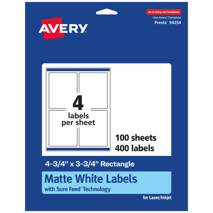 Avery Matte White Rectangle Labels, Sure Feed Tech