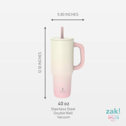 Zak Designs St. Jude Sutton Travel Tumbler for On The Go, 40oz Stainless Steel with Vacuum Insulation, Silicone Straw, and Carry Handle for Cold Drinks (Pink Ombre)