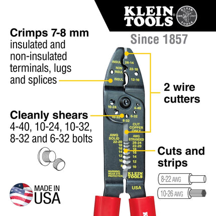Klein Tools 1001 Multi Tool, Made in USA, Wire Stripper/Wire Cutter/Crimper for 8-22 AWG, Multi-Purpose Electrician Tool is 8.5-Inch Long