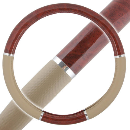 BDK Cubre Volante de Coche de Imitación Grano de Madera Oscura, Estándar de 15 pulgadas con Agarre de Piel Sintética Beige, Hecho para Adaptarse a la Mayoría de Coches, Camiones, Furgonetas, SUV