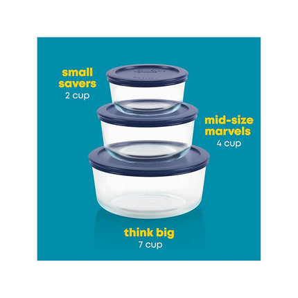 Pyrex Storage Round Food Storage Container Set with Blue Lids (6-Piece Set)