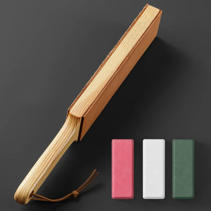 ANGERSTONE Double Side Leather Strop for Knife Sharpening - 14''x 2'' Stropping Block Kit with Polishing Compound, Ergonomic Handle Honing Knives, Woodworking Chisels White,Green