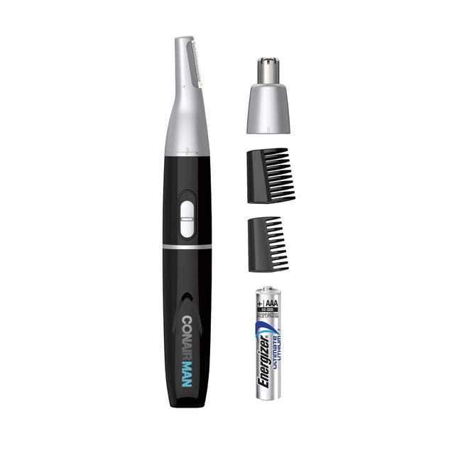 ConairMAN Recortadora personal todo en uno para hombres, para nariz, orejas, cejas y patillas, kit de aseo para hombres de 4 piezas, funciona con batería de litio