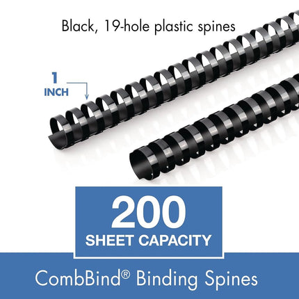 Mead CombBind Binding Spines/Spirals/Coils/Combs, 1", 200 Sheet Capacity, Black, 125 Pack (4000137)