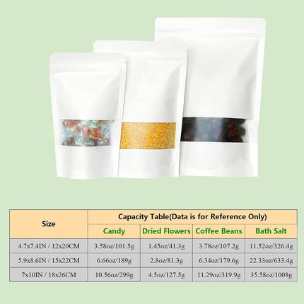 SumDirect 100Pcs White Kraft Stand Up Bags,Self-Sealing Zipper Food Pouches with U-Notch and Matte Window (100, 4.7x7.8inches)