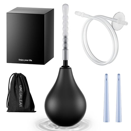 Kit de poire de lavement en silicone noir GNEGKLEAN 225 ml, douche nettoyante pour hommes et femmes avec tuyau de 50 cm + 4 embouts interchangeables (noir)