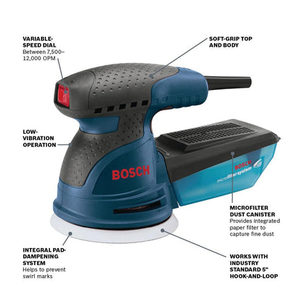BOSCH ROS20VSC Palm Sander 2.5 Amp 5 Inch Corded Variable Speed Random Orbital Sander, Polisher Kit with Dust Collector and Soft Carrying Bag