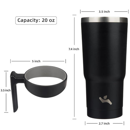 Konokyo Gobelet de 20 oz avec poignée et 2 pailles 2 couvercles, bouteille d'eau isotherme en acier inoxydable, tasse sous vide réutilisable, mug de voyage, noir