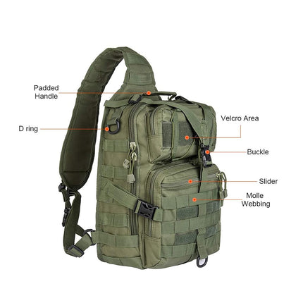 hopopower Tactical Sling Bag Pack Military Assault Rucksack Shoulder Bag Backpack Chest Pack Handbag Waterproof for Travel School Hiking Camping Trekking Exploring Fishing Hunting, Green, Small