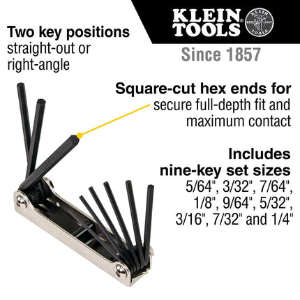 KLEIN TOOLS 70591 Folding Hex Key Set, 9-Key, SAE Sizes